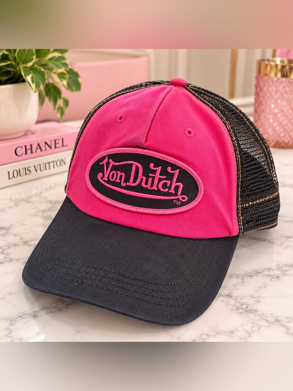 Von Dutch Hot Pink and Black Mesh Logo Trucker Hat